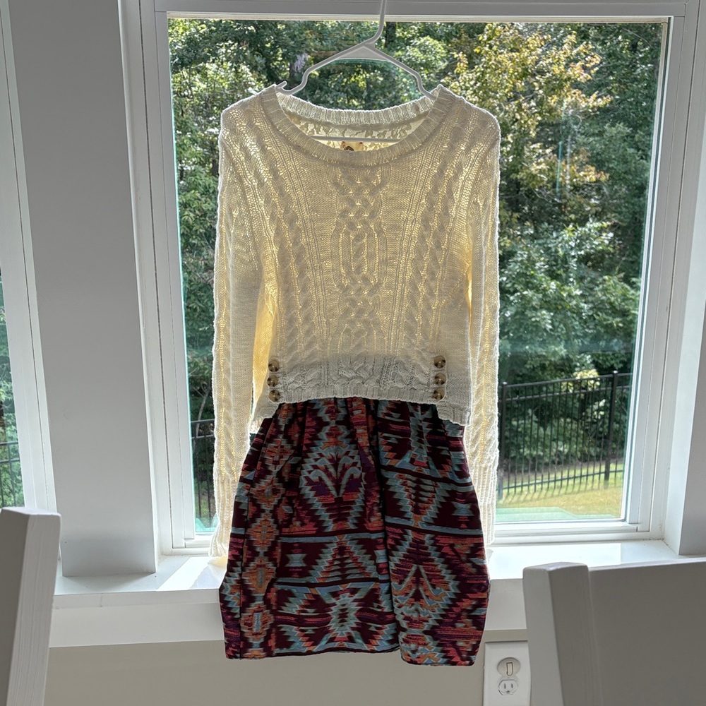 Anthropologie Cream Sweater with Patterned Mini Dress